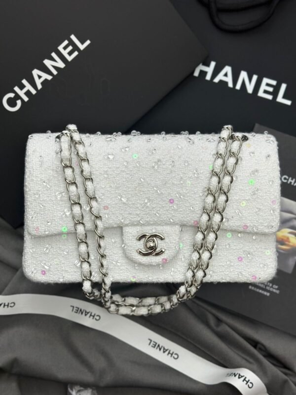 Chanel White Tweed Sequin Classic Flap Bag