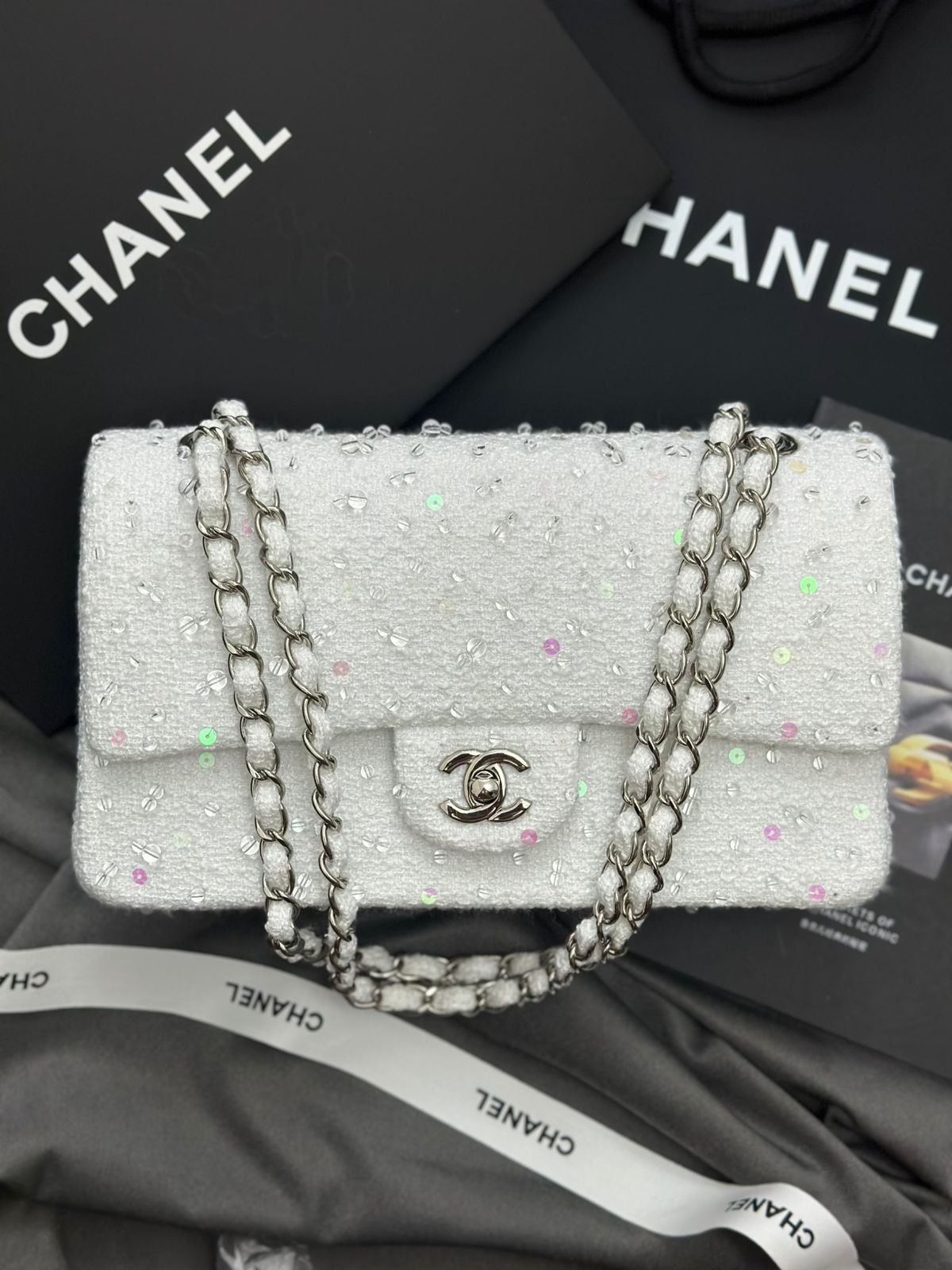 Chanel White Tweed Sequin Classic Flap Bag