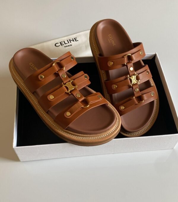 Celine Brown Leather Sandals with Gold Detailing