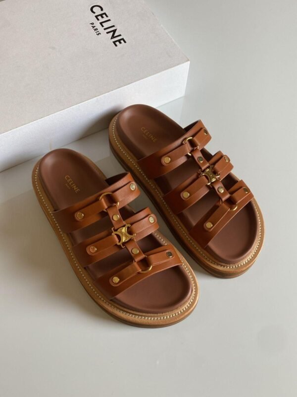 Celine Brown Leather Sandals with Gold Detailing - Image 4