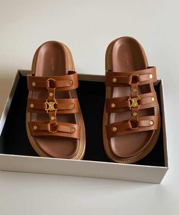 Celine Brown Leather Sandals with Gold Detailing - Image 2