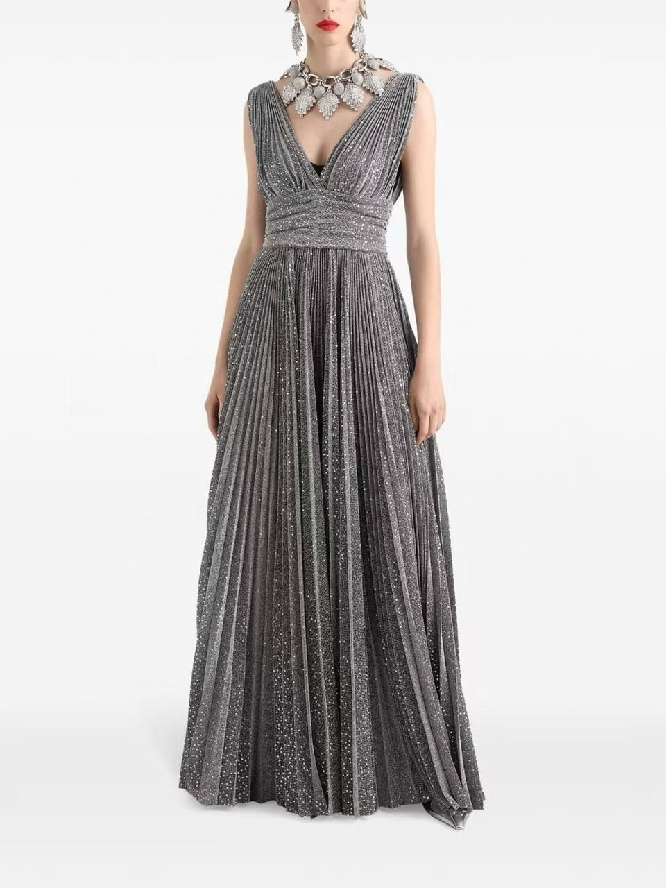Glittering Silver Pleated Evening Gown - Image 4