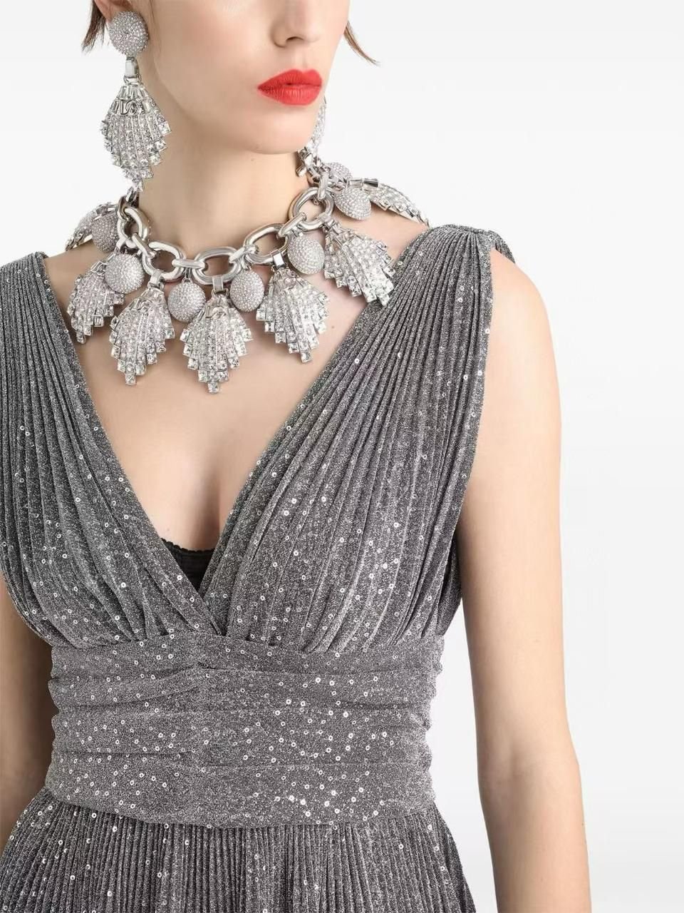 Glittering Silver Pleated Evening Gown - Image 2
