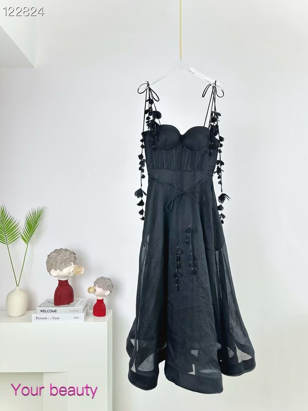 Black Floral Strap Midi Dress with Tie Waist