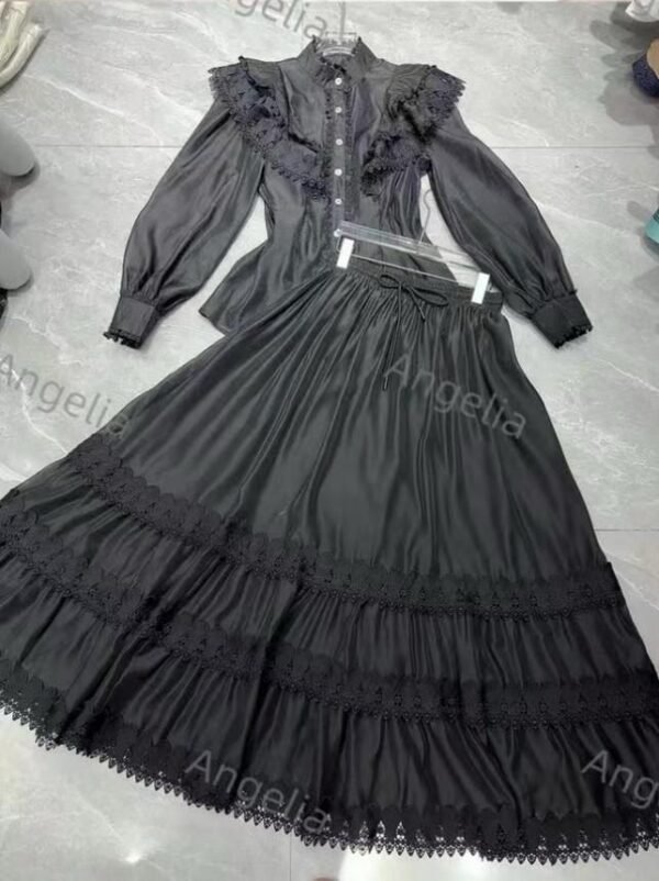 Black Ruffled Two-Piece Skirt and Blouse Set