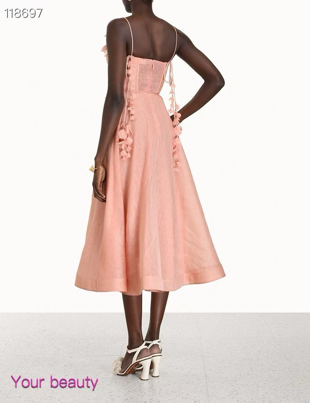 Elegant Pink Midi Dress with Floral Detailing - Image 3