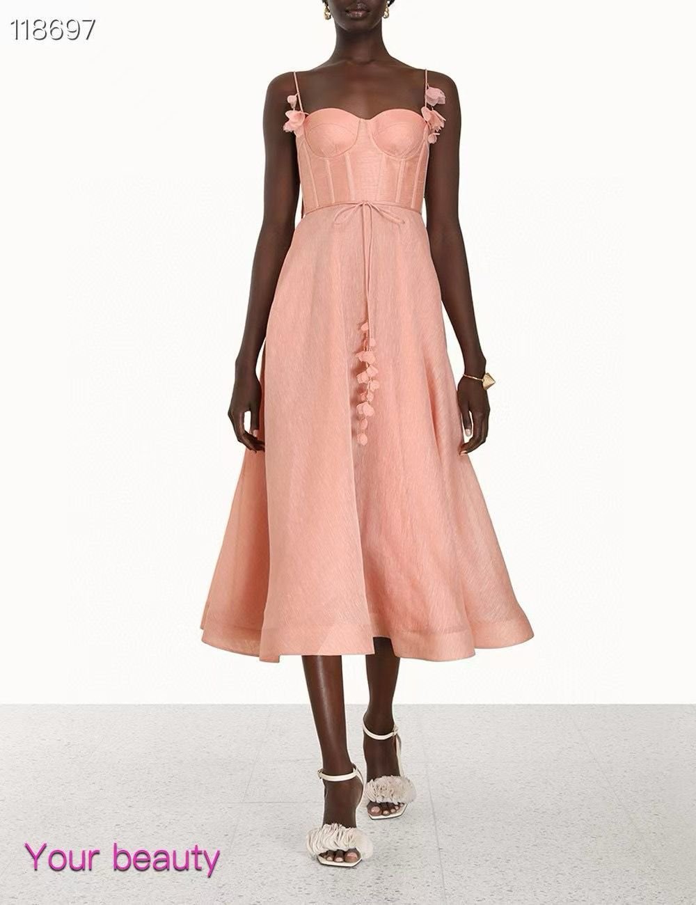 Elegant Pink Midi Dress with Floral Detailing - Image 4