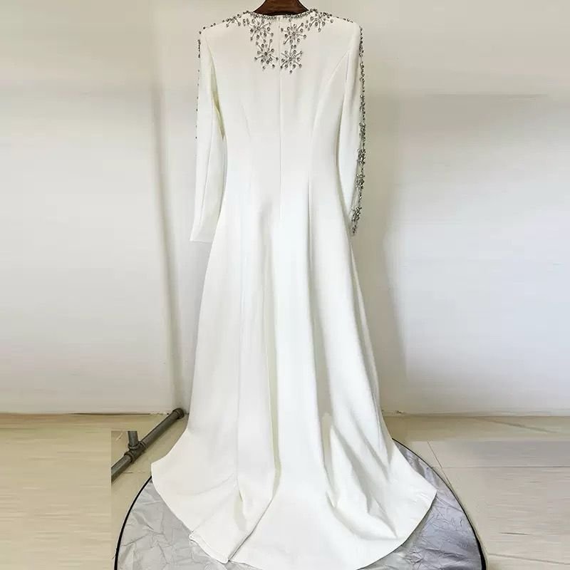 Elegant White Embellished Long Sleeve BALMAIN LONG DRESS - Image 3