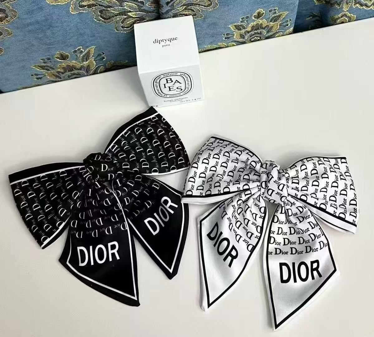 Dior Silk Logo Bow Hair Ties - Black & White Set