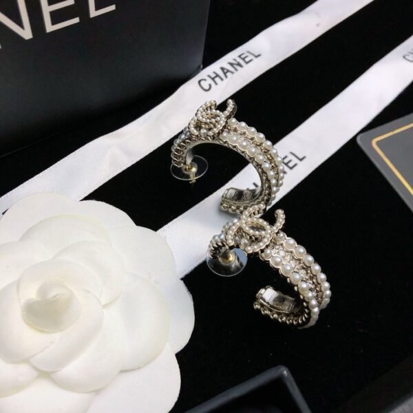 Chanel Pearl & Crystal Hoop Earrings with CC Logo - Image 4