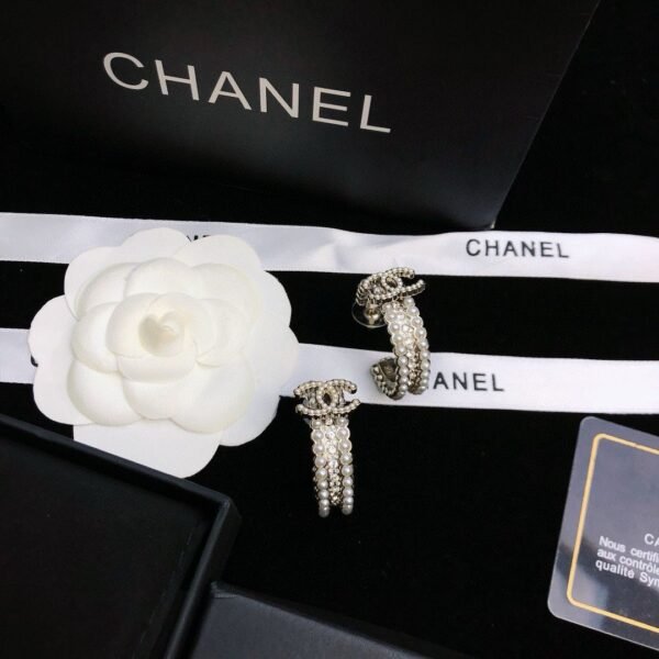 Chanel Pearl & Crystal Hoop Earrings with CC Logo - Image 3
