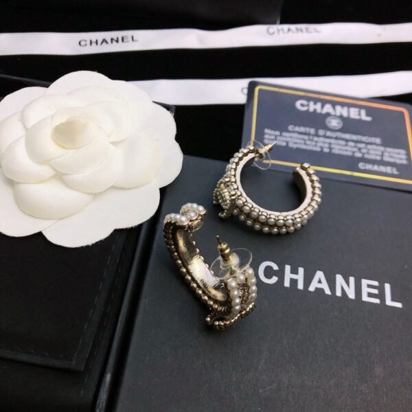 Chanel Pearl & Crystal Hoop Earrings with CC Logo - Image 2