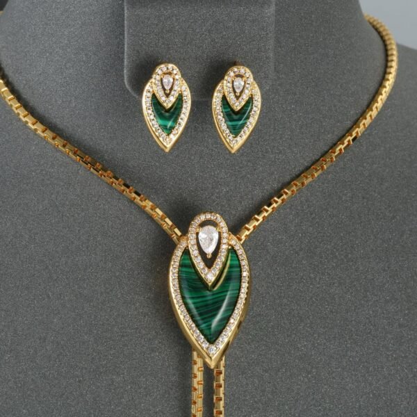 Elegant Malachite & Onyx Necklace and Earring Set with Diamond Accents