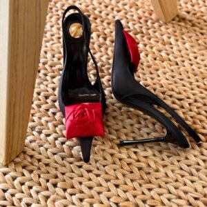 Silk Flower Appliques Satin Slingback Stilettos Heels