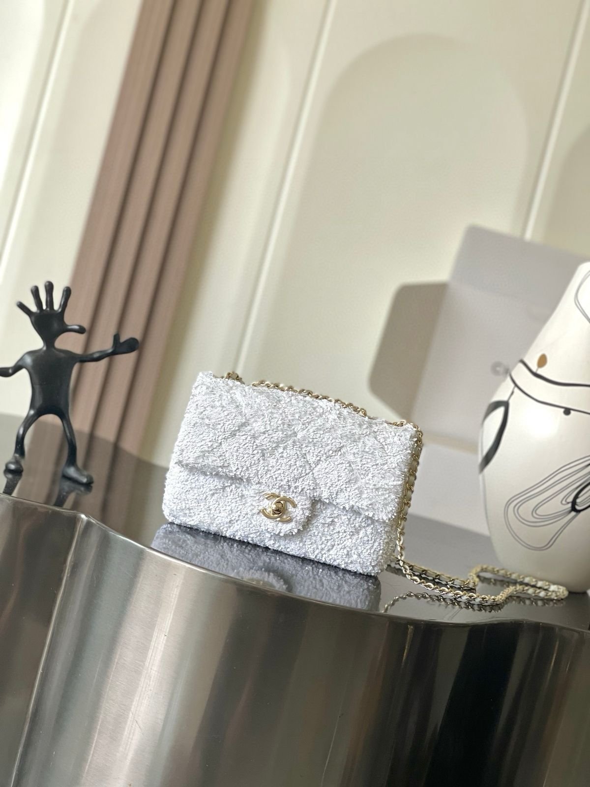Chanel White Sequin Mini Single Flap Bag Hand Beaded Pearl Embroidery