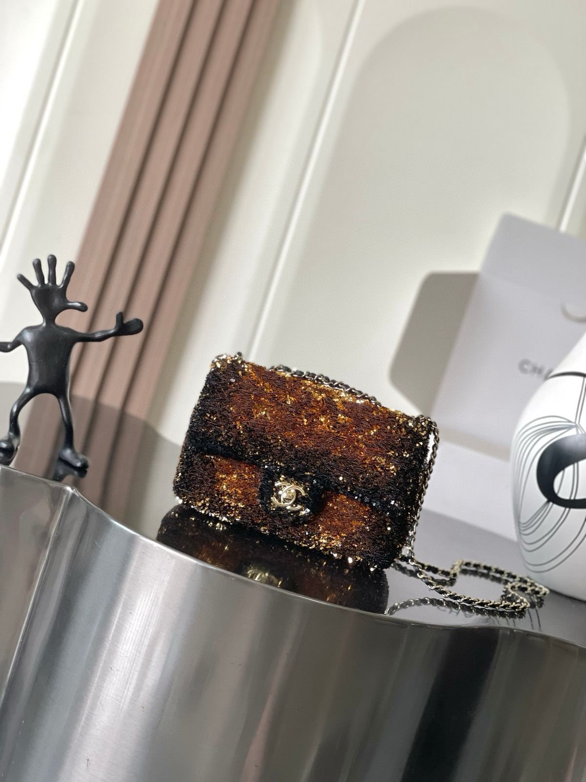 Chanel White Sequin Mini Single Flap Bag Hand Beaded Pearl Embroidery